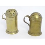 Two Victorian brass muffineers, each with single handles secured by copper rivets. The largest 4 1/