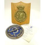 Militaria: items of Royal Naval memorabilia, comprising a brass plaque formed as the insignia of HMS