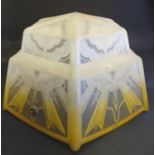 An Art Deco glass pendant lampshade, of stepped, hexagonal form with etched cloudburst decoration