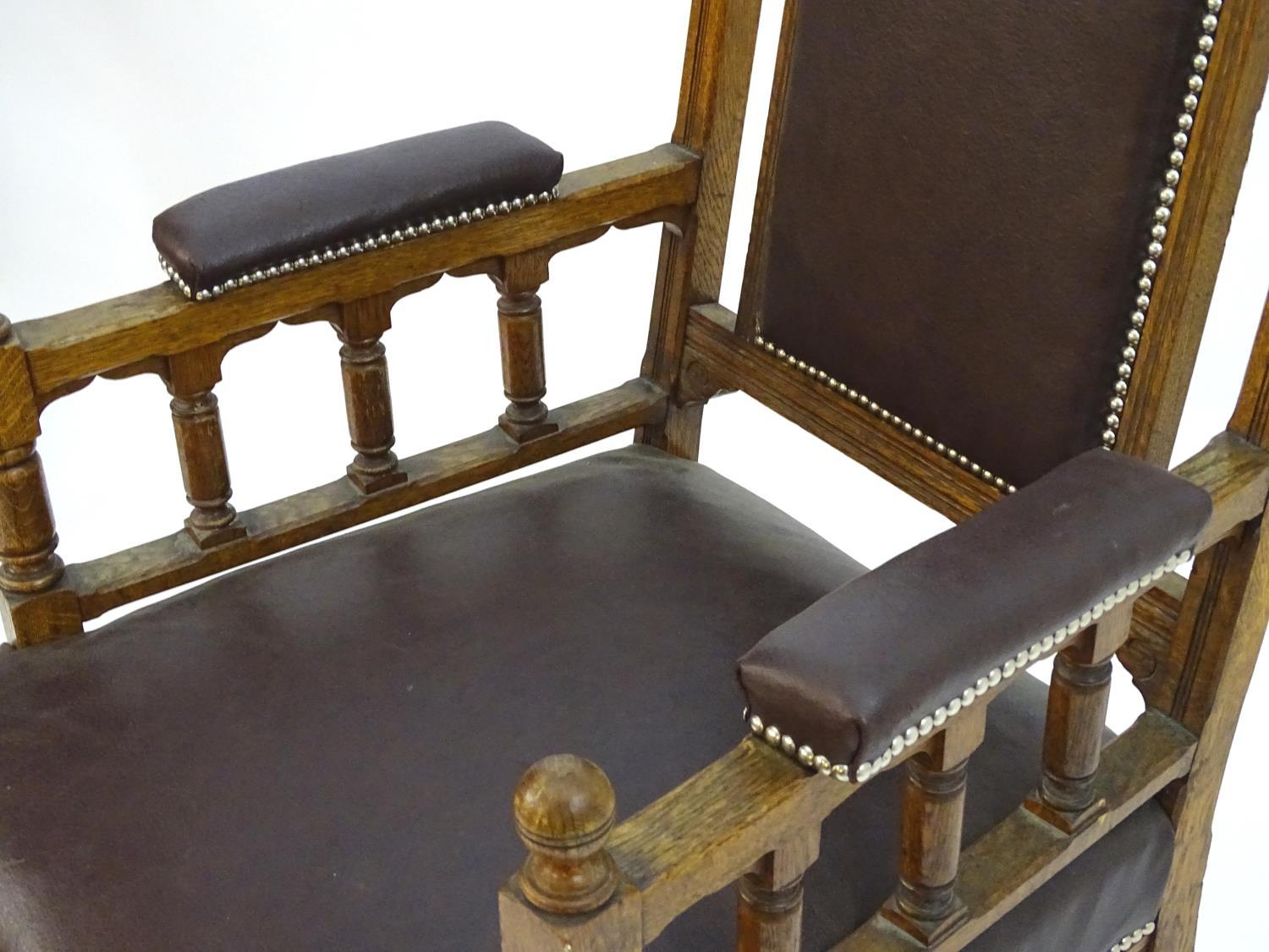 A mid 19thC Gothic armchair with a pierced lancet shaped cresting rail, Gothic tracing above an - Image 8 of 8