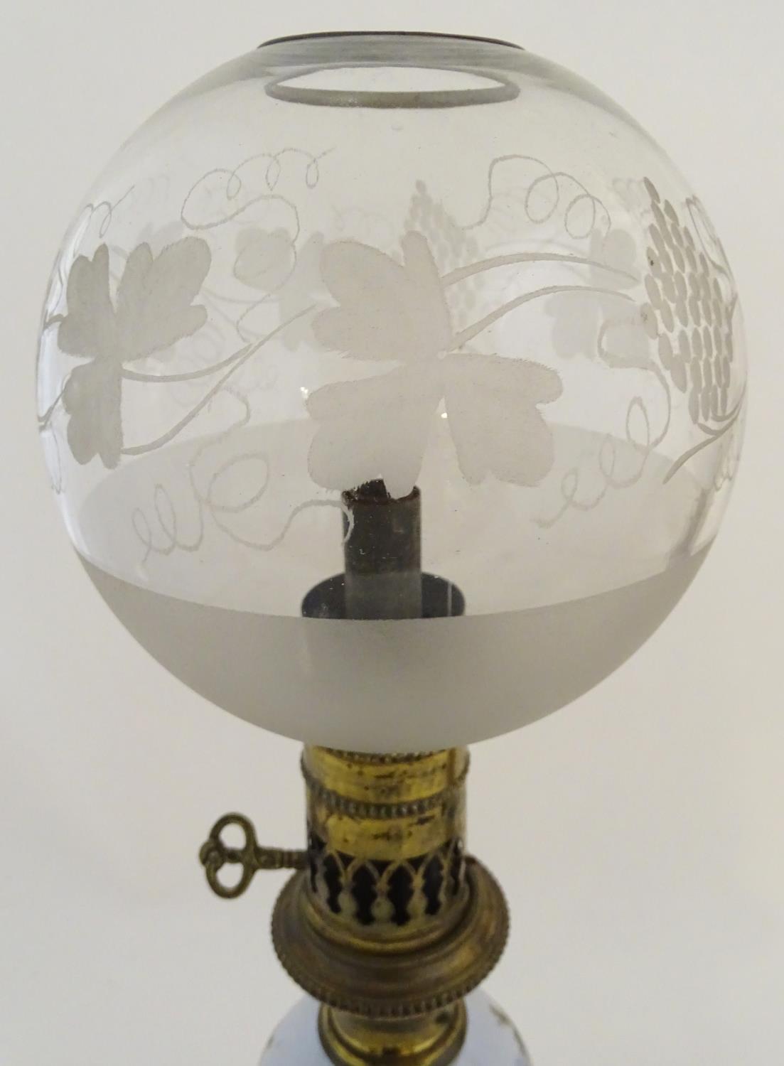 A pair of 19thC oil table lamps, of brass construction with separable bases, etched spherical - Image 2 of 9