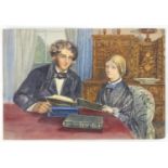 English School, XIX, Watercolour, A Victorian couple seated in an interior, A gentleman and lady