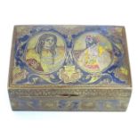An early 20thC Indian brass box with a hinged lid with engraved and enamel decoration, the lid