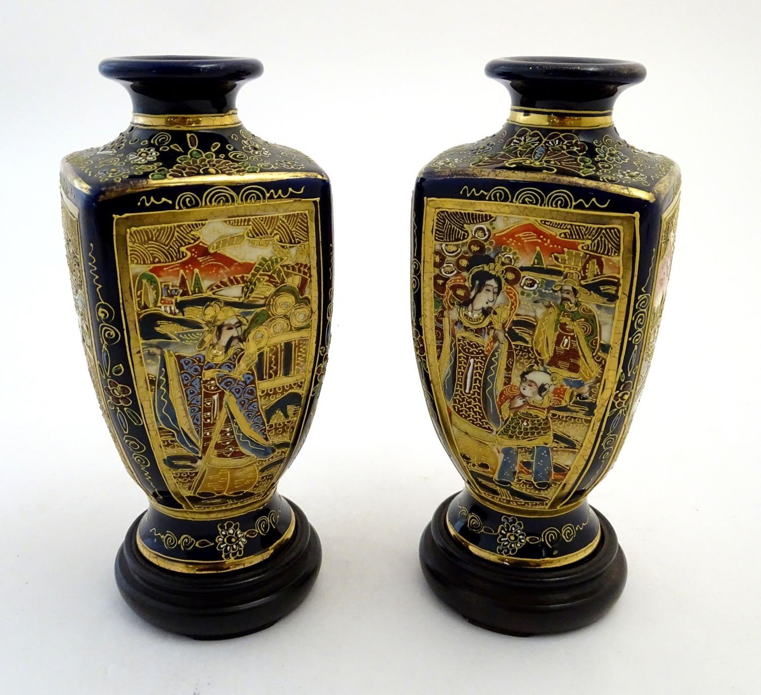 A pair of Japanese Satsuma vases of square baluster form with a cobalt blue ground, with panelled - Image 4 of 8
