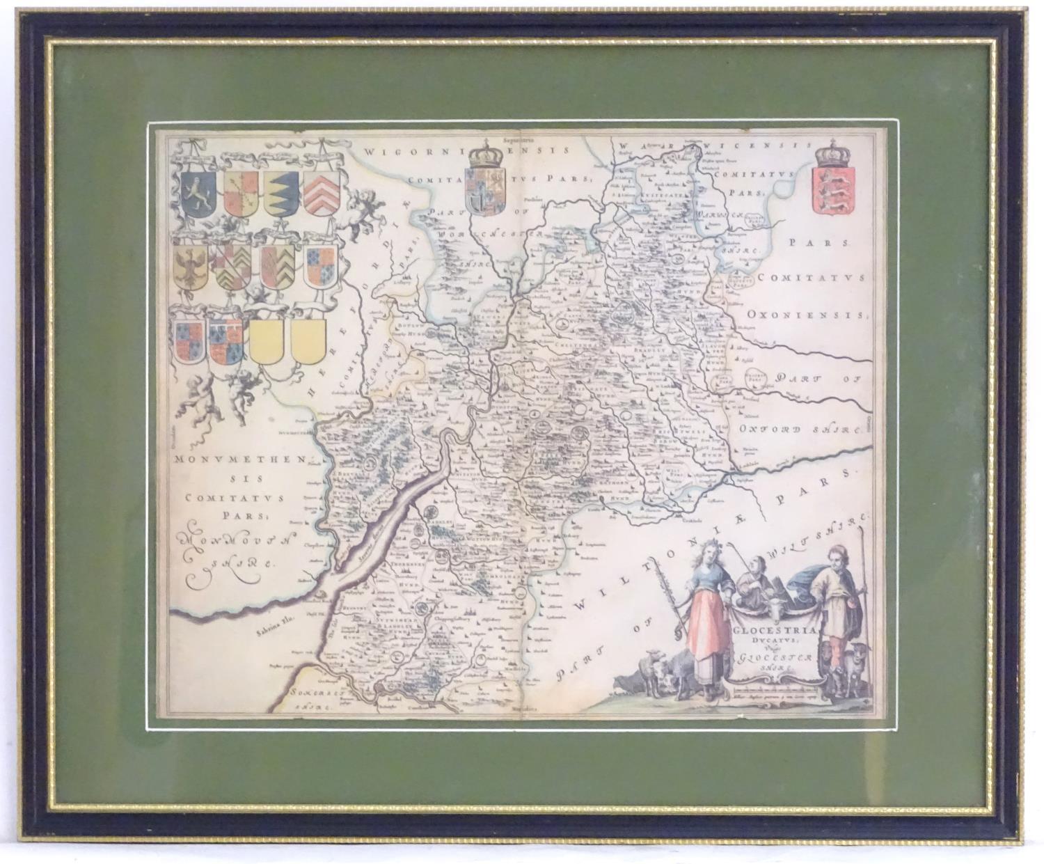 After Joan Blaeu (1596-1673), Coloured map of Gloucestershire, Glocestria Decatus Vulgo Glocester. - Image 3 of 9