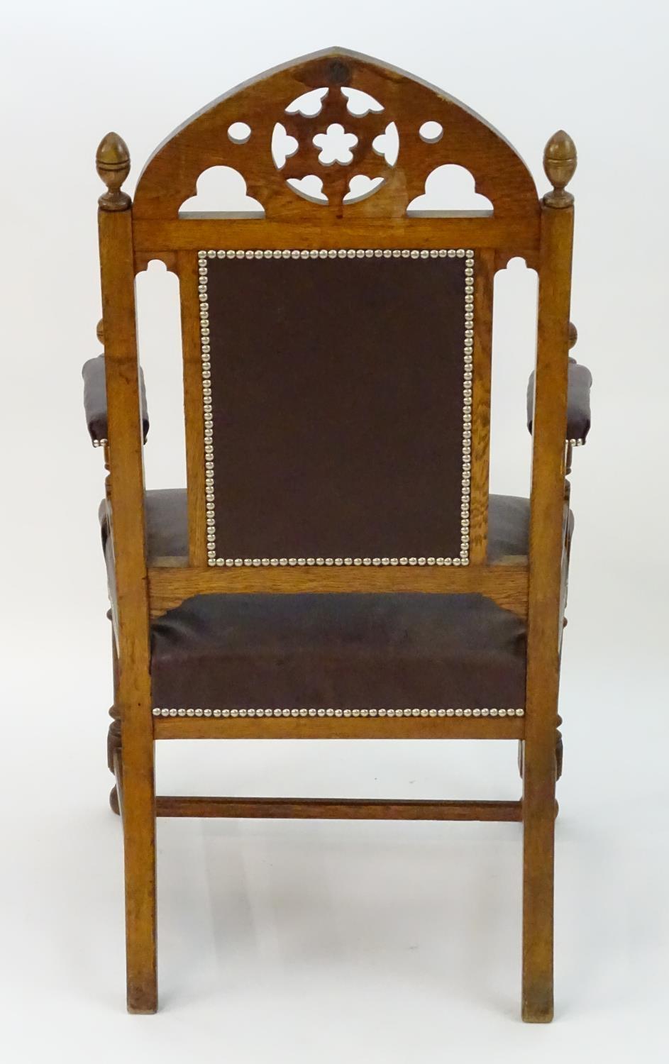 A mid 19thC Gothic armchair with a pierced lancet shaped cresting rail, Gothic tracing above an - Image 2 of 8