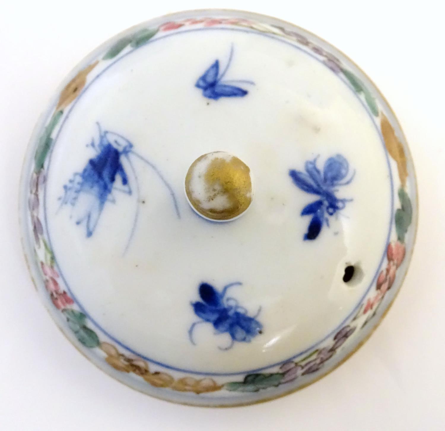 A Japanese teapot, twin handled sugar bowl and milk jug decorated with hand painted insects and - Image 6 of 8