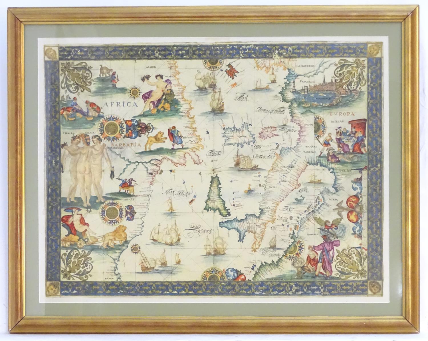 After Gerardus Mercator (1512-1594), A 20thC decorative map depicting part of the Mediterranean,