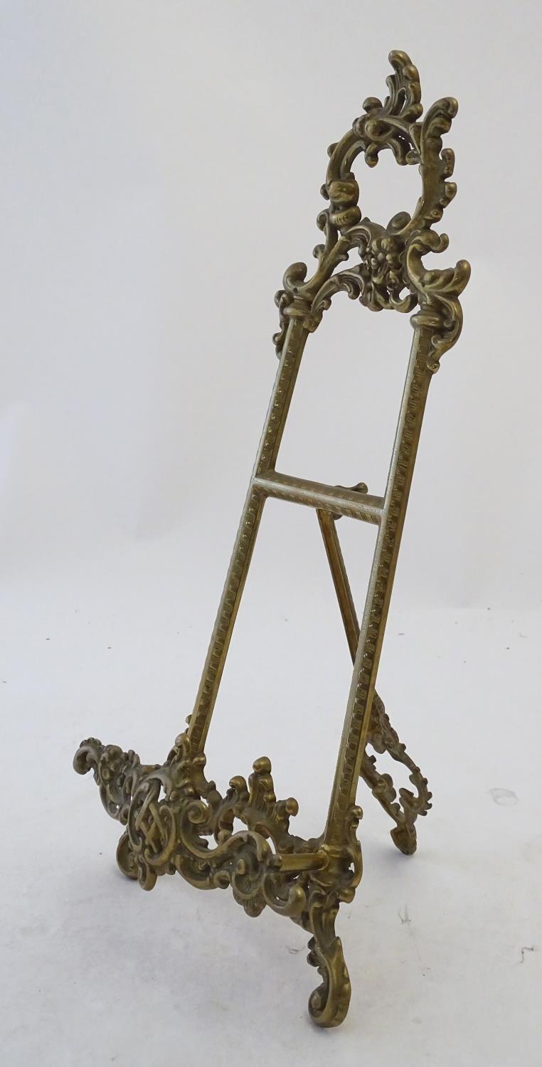 A 20thC cast brass table top easel with scrolling foliate decoration. Approx. 15 1/2" high Please - Image 3 of 6