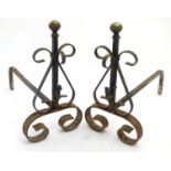 Garden & Architectural, Salvage: a pair of early 20thC wrought iron and brass fire dogs,
