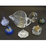 An assortment of glass items, comprising a table formed as a preening swan, three art glass