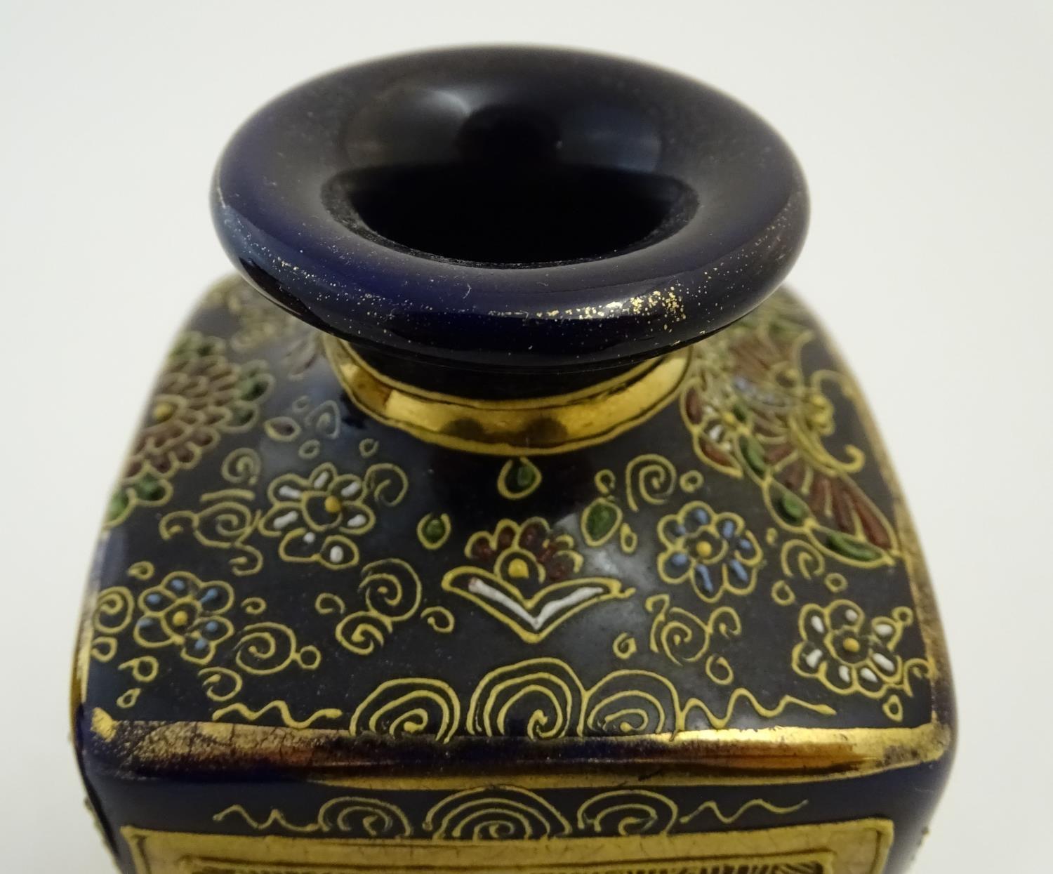 A pair of Japanese Satsuma vases of square baluster form with a cobalt blue ground, with panelled - Image 6 of 8