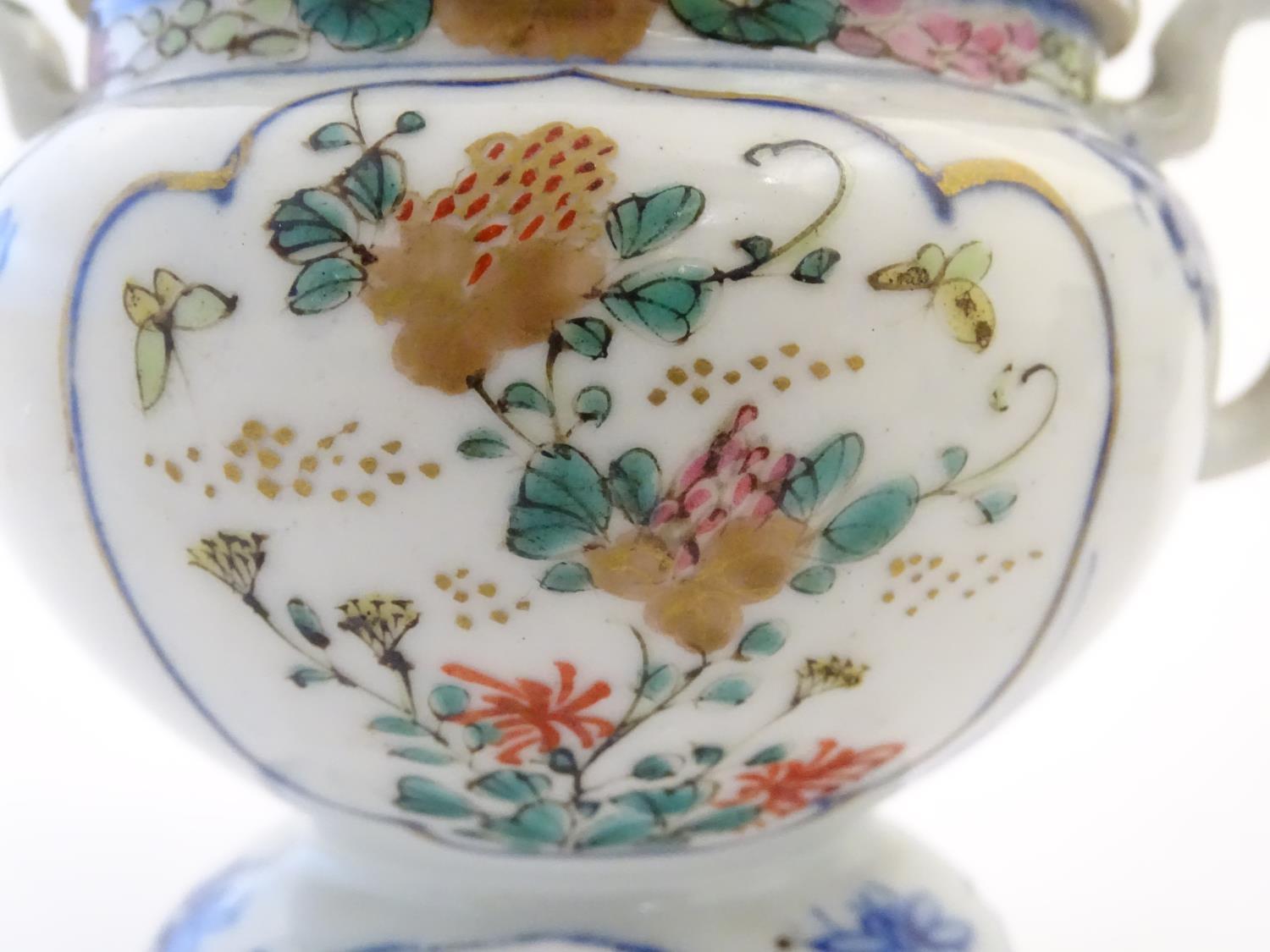 A Japanese teapot, twin handled sugar bowl and milk jug decorated with hand painted insects and - Image 5 of 8