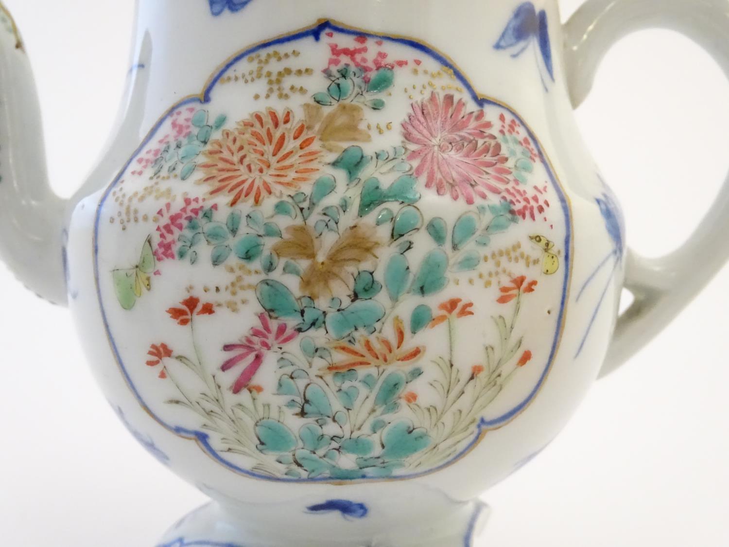 A Japanese teapot, twin handled sugar bowl and milk jug decorated with hand painted insects and - Image 7 of 8