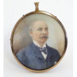 A late 19th / early 20thC oval watercolour and bodycolour portrait miniature depicting a gentleman