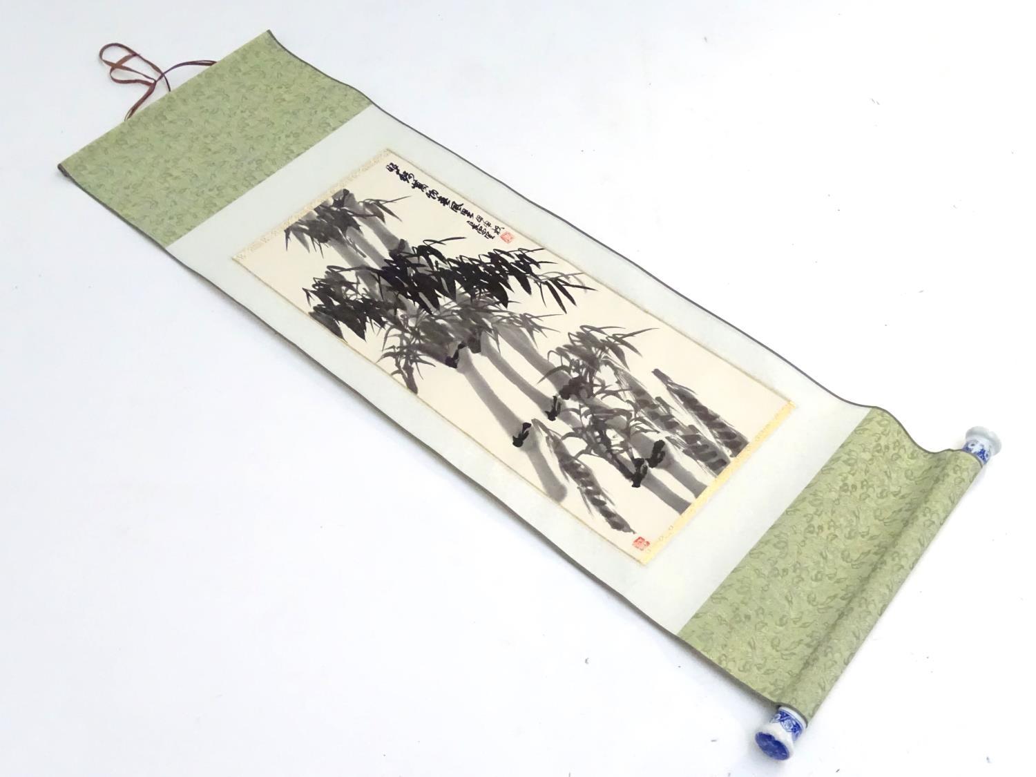 A Japanese watercolour scroll depicting bamboo, with character marks upper right and seal stamp - Image 4 of 5