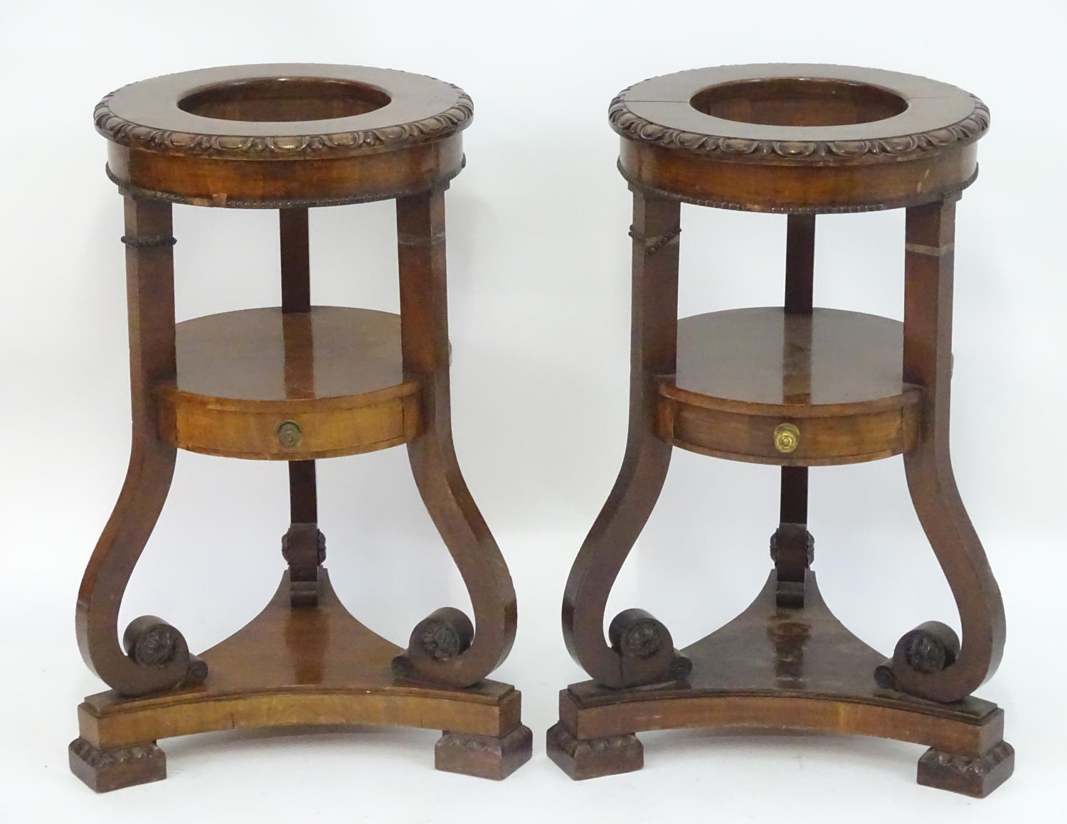 A pair of mahogany jardiniere stands with egg and dart moulded decoration, scrolled supports and - Image 3 of 6