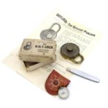 A boxed, c1940s 'D.O.T. Lock' keyless padlock ('Defiance of Thieves'), together with a compass and