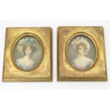 A pair of framed 20thC Continental coloured prints depicting miniature portraits of ladies wearing