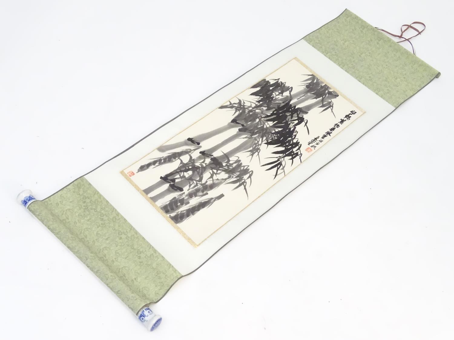 A Japanese watercolour scroll depicting bamboo, with character marks upper right and seal stamp - Image 3 of 5