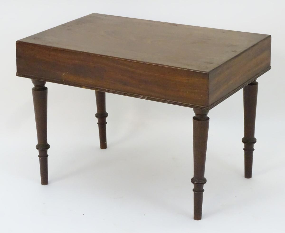 A 19thC mahogany bidet with a rectangular cover and standing on turned tapering legs terminating