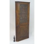 An early 19thC burr elm double corner cupboard with a moulded cornice above an astragal glazed
