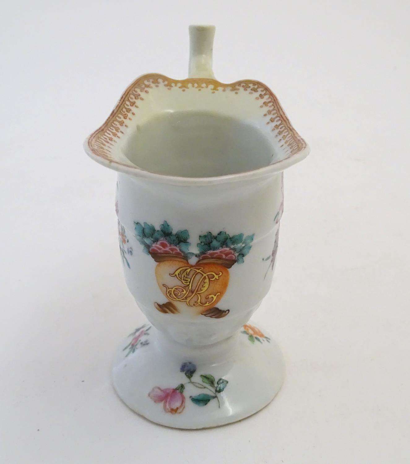 A late 18th / early 19thC Chinese export helmet jug with hand painted floral and cipher monogram - Image 3 of 7