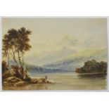 Indistinctly monogrammed, XIX, Watercolour, A mountainous landscape scene with an angler fishing