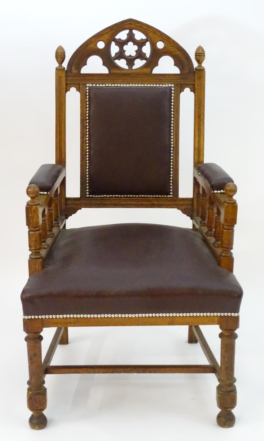 A mid 19thC Gothic armchair with a pierced lancet shaped cresting rail, Gothic tracing above an - Image 4 of 8