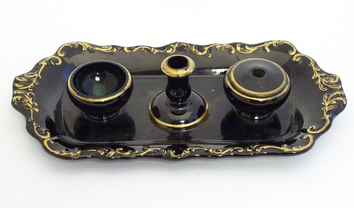 A Victorian ceramic standish / inkwell of lobed oblong form with scrolling foliate detail and gilt - Image 3 of 4