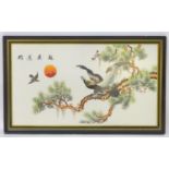 Chinese School, XX, Embroidery on silk, A stylised sunset landscape with an eagle in flight and an