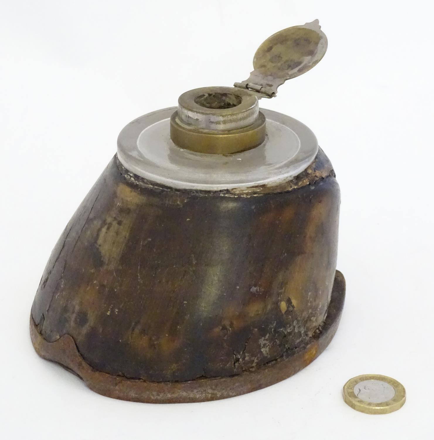 An inkwell formed from a horse hoof and having a brass lid to inkwell engraved with Masonic - Image 7 of 8