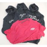 Assorted clothing comprising three Gildan grey fleeces, size M, and two Duck Commander pink t-