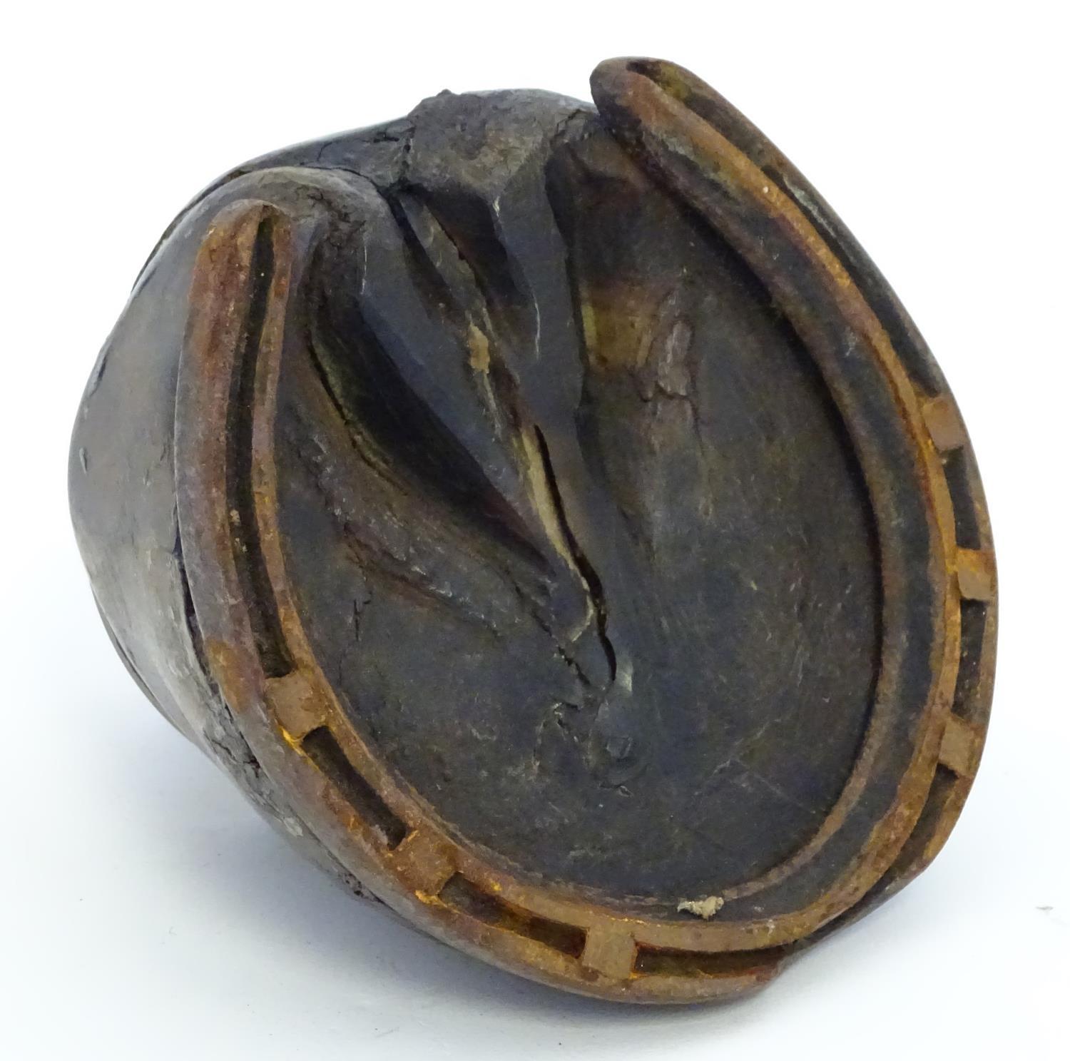 An inkwell formed from a horse hoof and having a brass lid to inkwell engraved with Masonic - Image 2 of 8