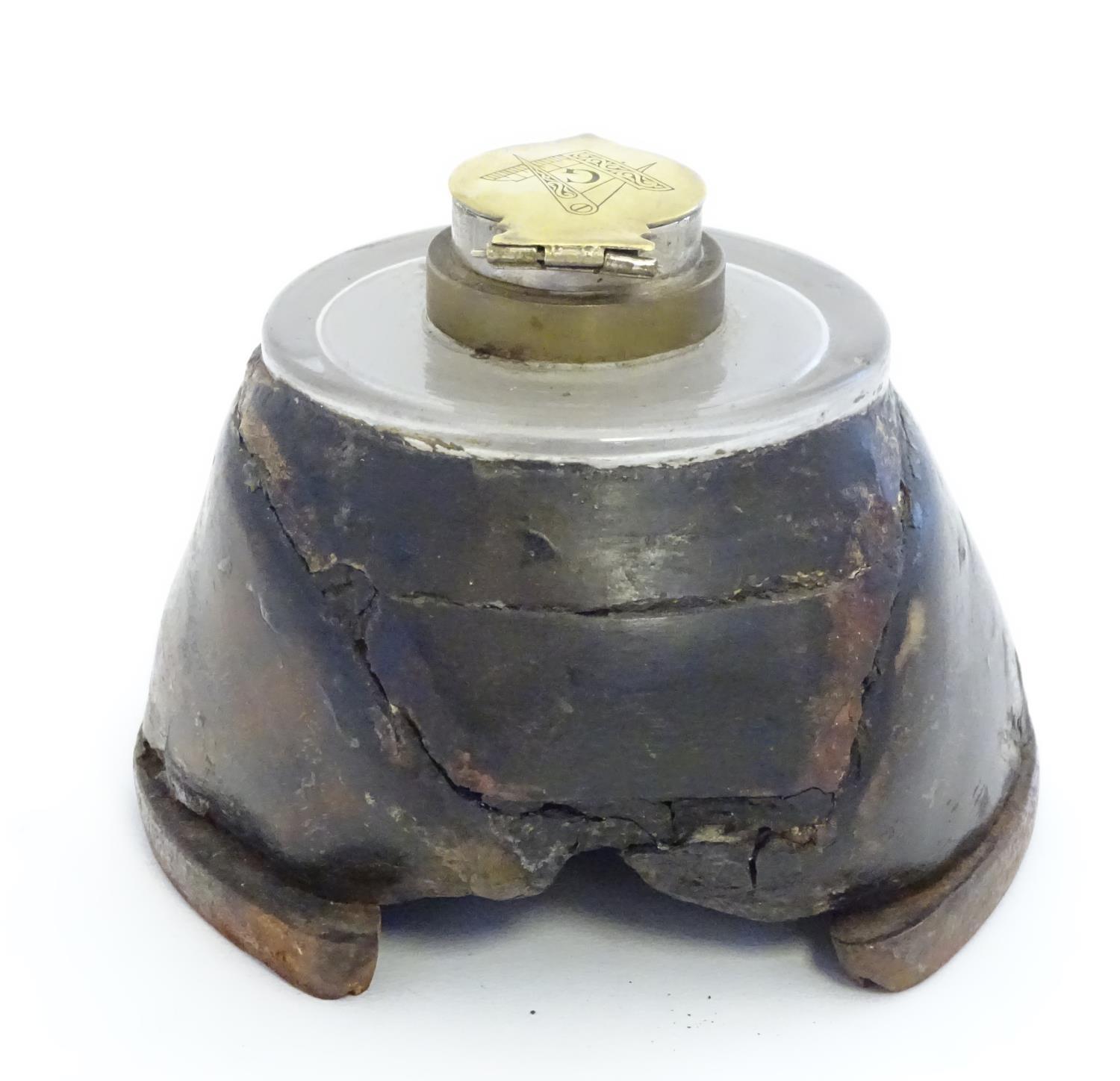 An inkwell formed from a horse hoof and having a brass lid to inkwell engraved with Masonic - Image 8 of 8