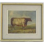 J Box, XX, Oil on canvas laid on board, A portrait of a prize bull in a landscape. Signed lower