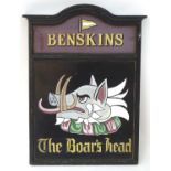 A 20thC hand-painted pub sign, 'The Boar's Head', Benskins brewery, Watford Hertfordshire 1693-1972,