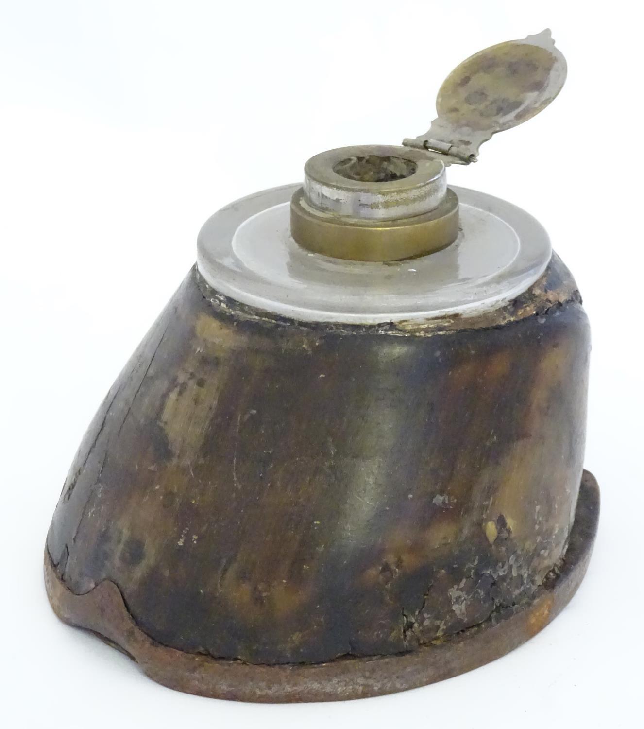 An inkwell formed from a horse hoof and having a brass lid to inkwell engraved with Masonic - Image 6 of 8