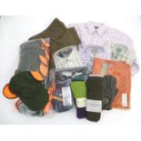 Box of assorted clothing to include, one Laksen orange jumper size 2XL; four shirts, 2 Beretta, 1 Le
