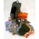 Box of assorted items to include, 3 Laksen orange jumpers size 2XL, 1 pair of Laksen tweed