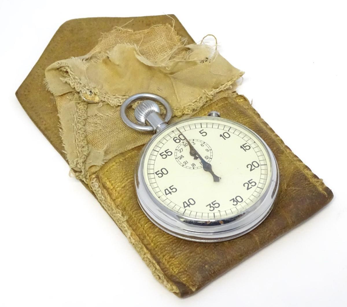 A 20thC Swiss chrome stopwatch, contained within a soft case. Please Note - we do not make reference - Image 2 of 6