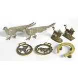 A quantity of assorted brass items, to include two naive folk art cows on bases, two horse brasses