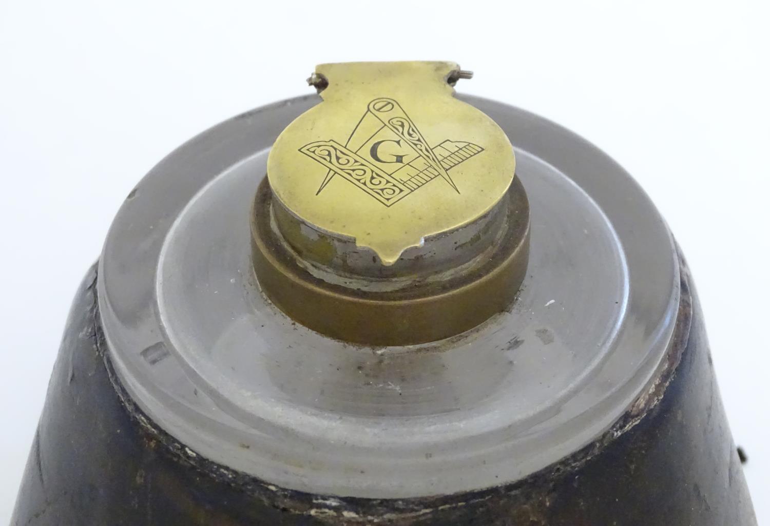 An inkwell formed from a horse hoof and having a brass lid to inkwell engraved with Masonic - Image 4 of 8