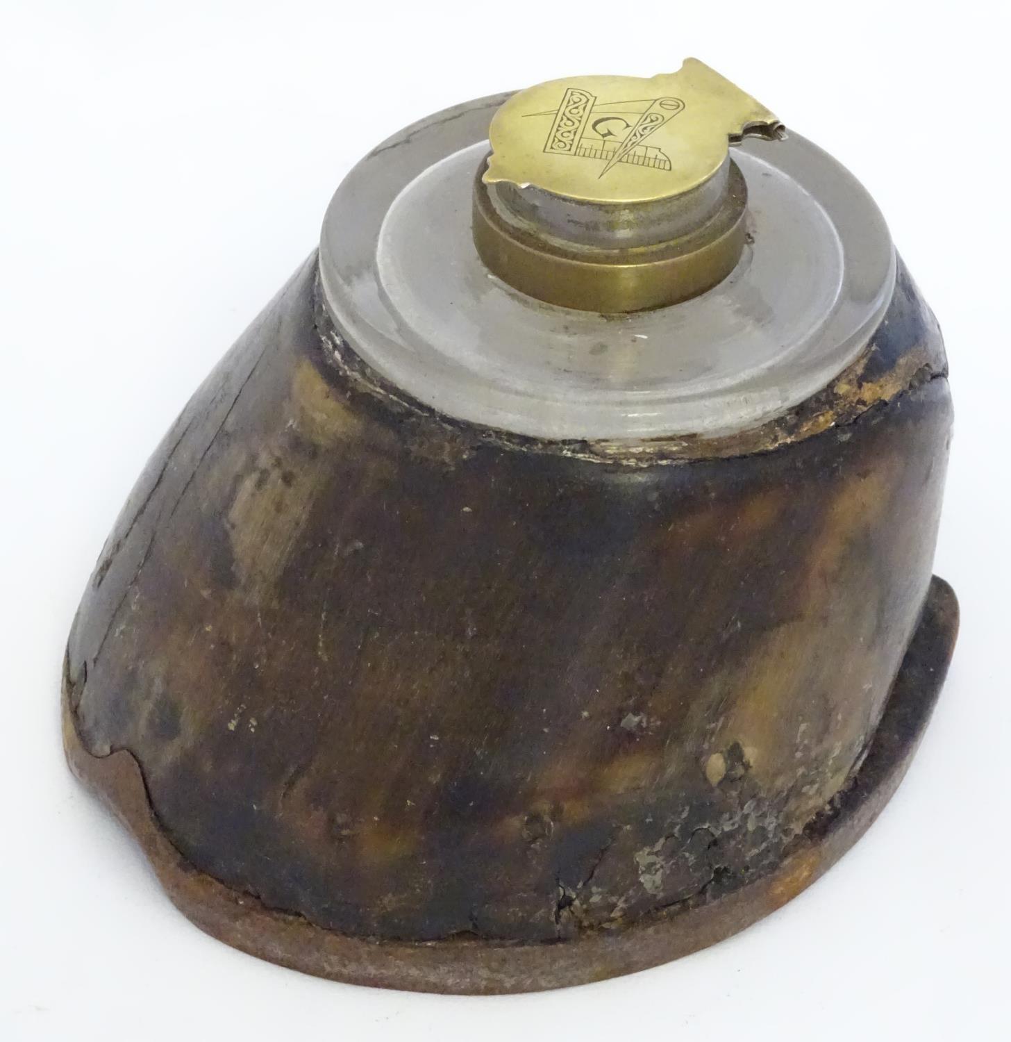 An inkwell formed from a horse hoof and having a brass lid to inkwell engraved with Masonic - Image 3 of 8