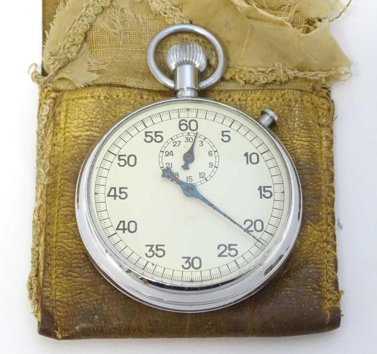 A 20thC Swiss chrome stopwatch, contained within a soft case. Please Note - we do not make reference - Image 3 of 6