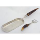 A silver plate bread fork and crumb scoop with antler handles. The largest approx 14 1/4" long