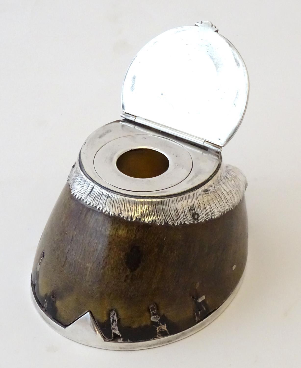 Taxidermy: Rowland Ward, London, an early 20thC horse hoof inkwell, with silver plated mounts ( - Image 5 of 6