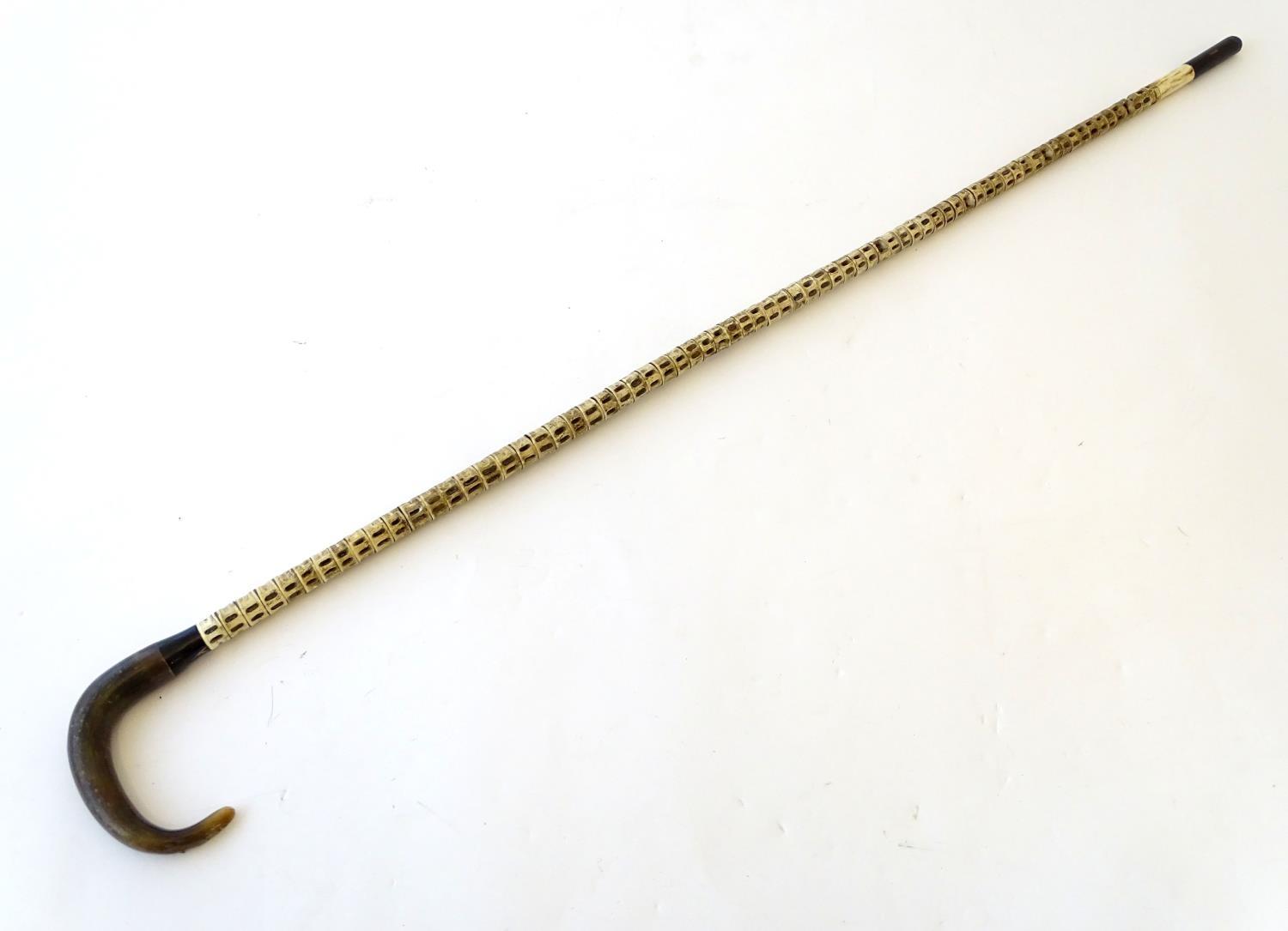 Taxidermy: a 19thC walking cane, mounted with shark vertebrae, with ebony and bone ferrule,