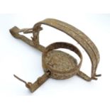 Antique trap: a 19thC large foothold pole trap, with elevated treadle, 15 1/2" long Please Note - we