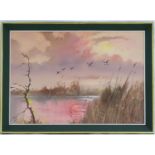 J. Booth, XX, Oil on board, A wetlands landscape scene with ducks in flight at sunset. Signed
